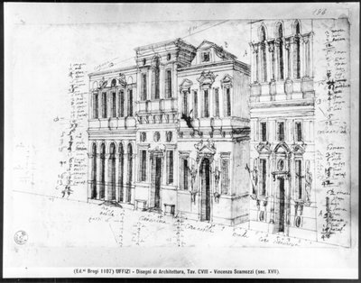 Disegno della facciata della Galleria degli Uffizi, progettata da Giorgio Vasari e completata da Bernardo Buontalenti e Alfonso Parigi nel 1580 da Vincenzo Scamozzi